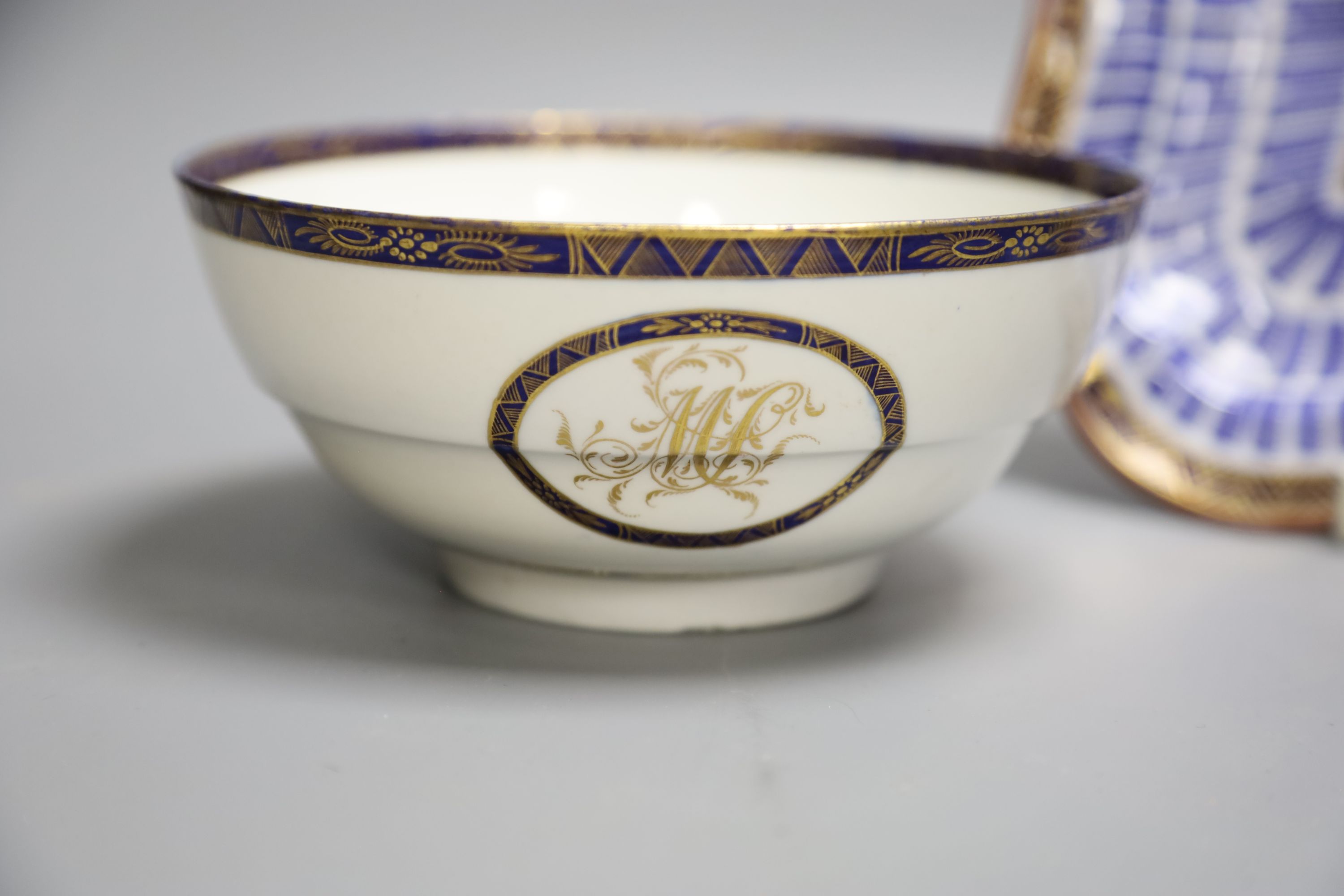 An 18th century Worcester square shaped dish with the Music pattern, 24cm, and a Worcester Flight period bowl